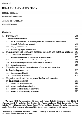 Health and nutrition, Hollis Chenery, T.N. Srinivasan - Handbook of Development Economics, Vol. 1-North Holland
