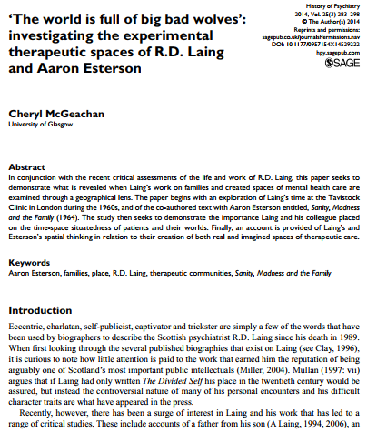 ‘The world is full of big bad wolves’:investigating the experimental therapeutic spaces of R.D. Laing and Aaron Esterson Cheryl McGeachan University of Glasgow