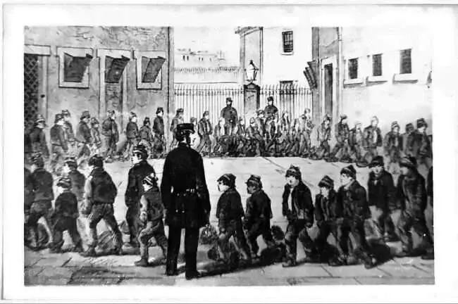 From: Boys Exercising At Tothill Fields Prison. H. Mayhew, ’The Criminal Prisons At London’, 1862.