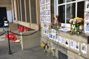 Memorial for civilian lives lost in Gaza conflict at University of Edinburgh next to war memorial