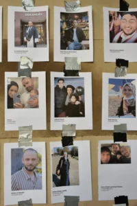 Photographs of people who have been killed in Israeli-Gaza conflict at the University of Edinburgh memorial
